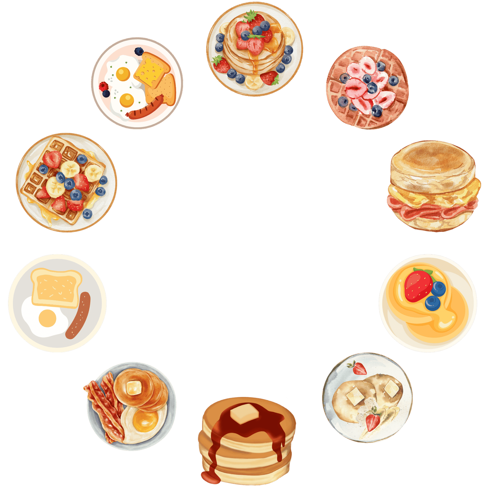 Assorted breakfast items arranged in a circle